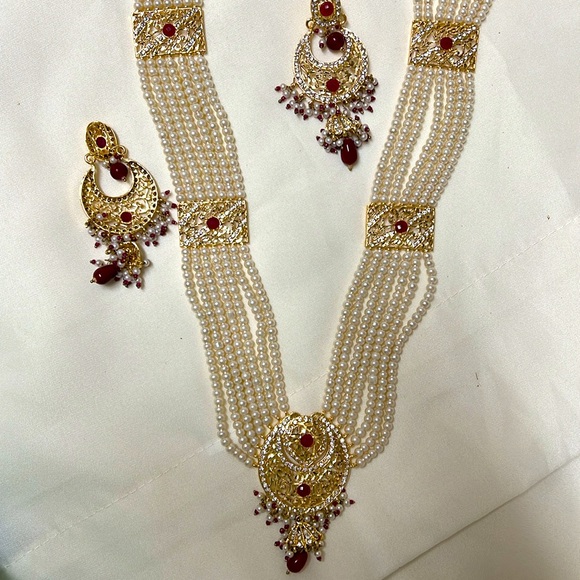 Indian Pakistani long necklace for wedding ceremony gold and red color #173 - Picture 7 of 15
